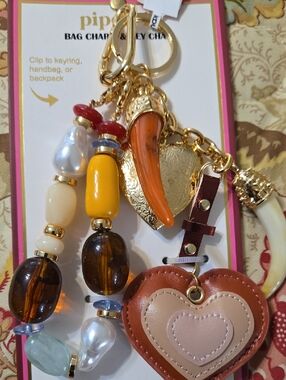 Women's Gold-Tone Heart, Tooth & Bead Keychain - Orange, Brown, Cream